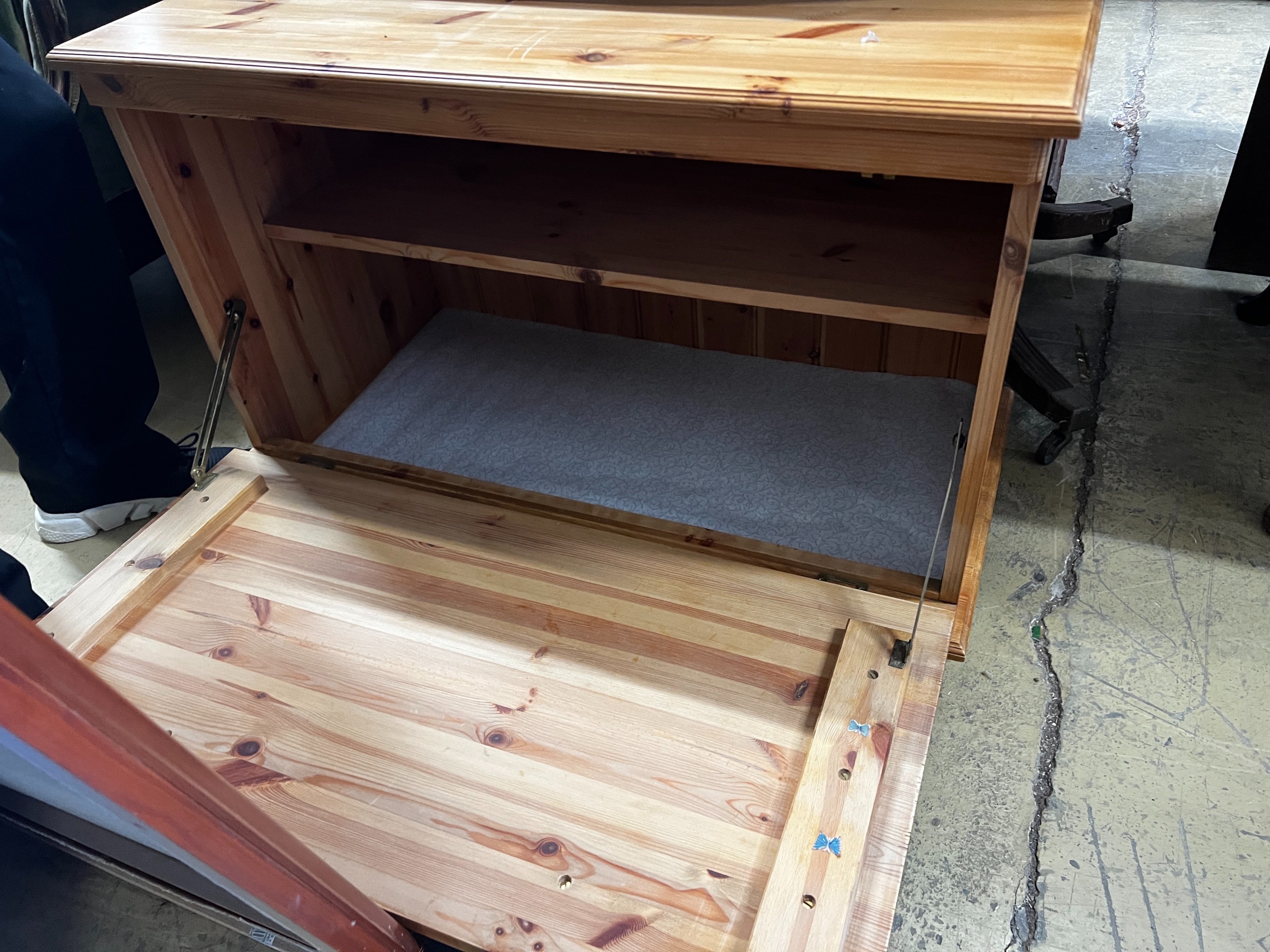 A Victorian style pine fall front blanket box, width 89cm, depth 45cm, height 61cm